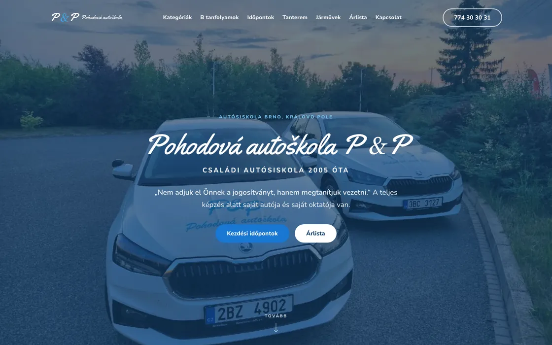 Pohodová autoškola: a weboldal nyitóoldala